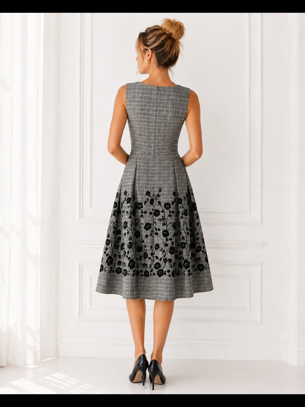Liz Claiborne Plaid Embroidered Floral Fit & Flare Midi Dress Size 0 - Picture 2 of 10